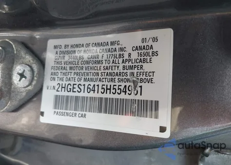 2005 Honda Civic Vp z USA, uszkodzony, nr VIN 2HGES16415H554961